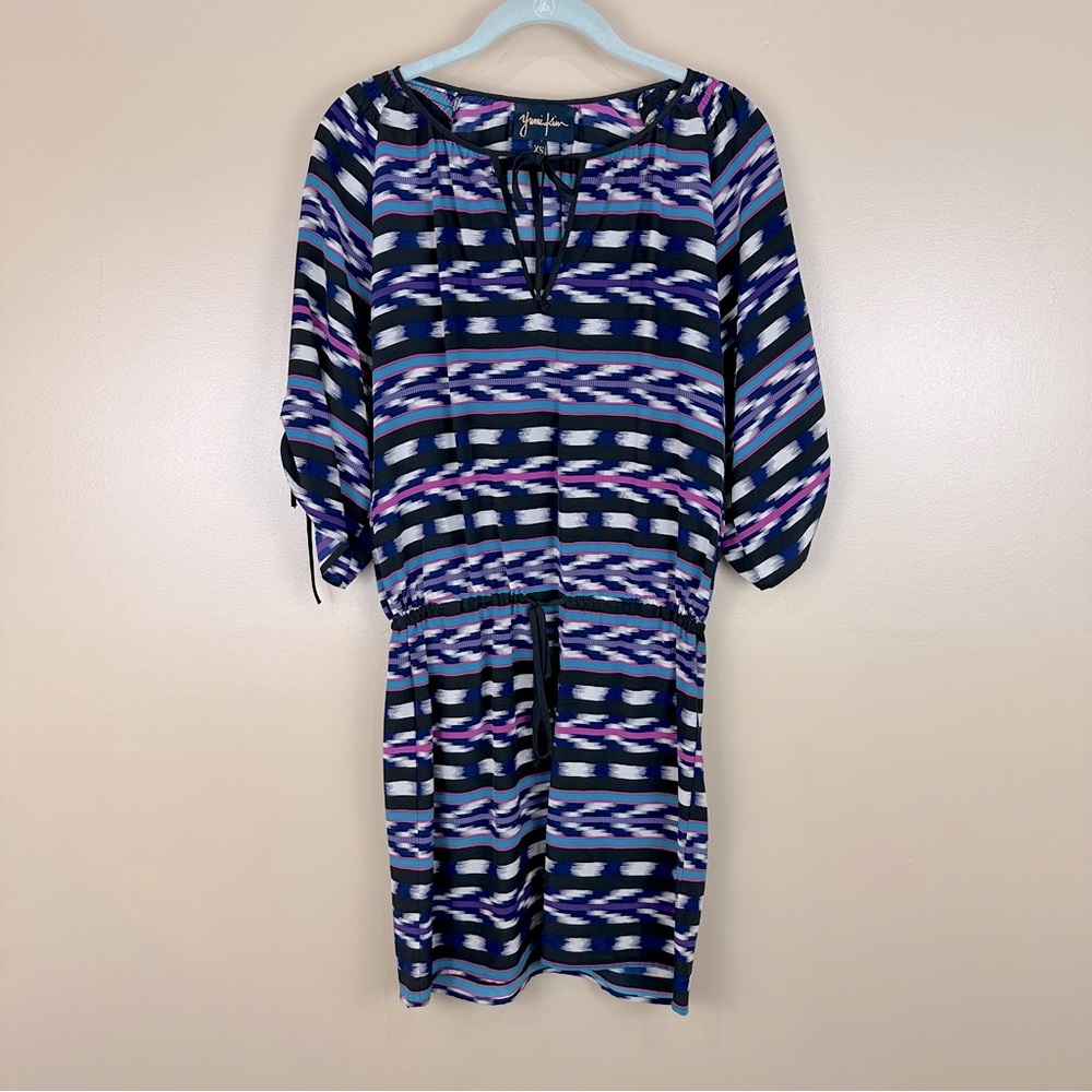Yumi Kim 100% Silk Blue Black Ikat Drawstring Tie Waist Dress XS Casual Luxury